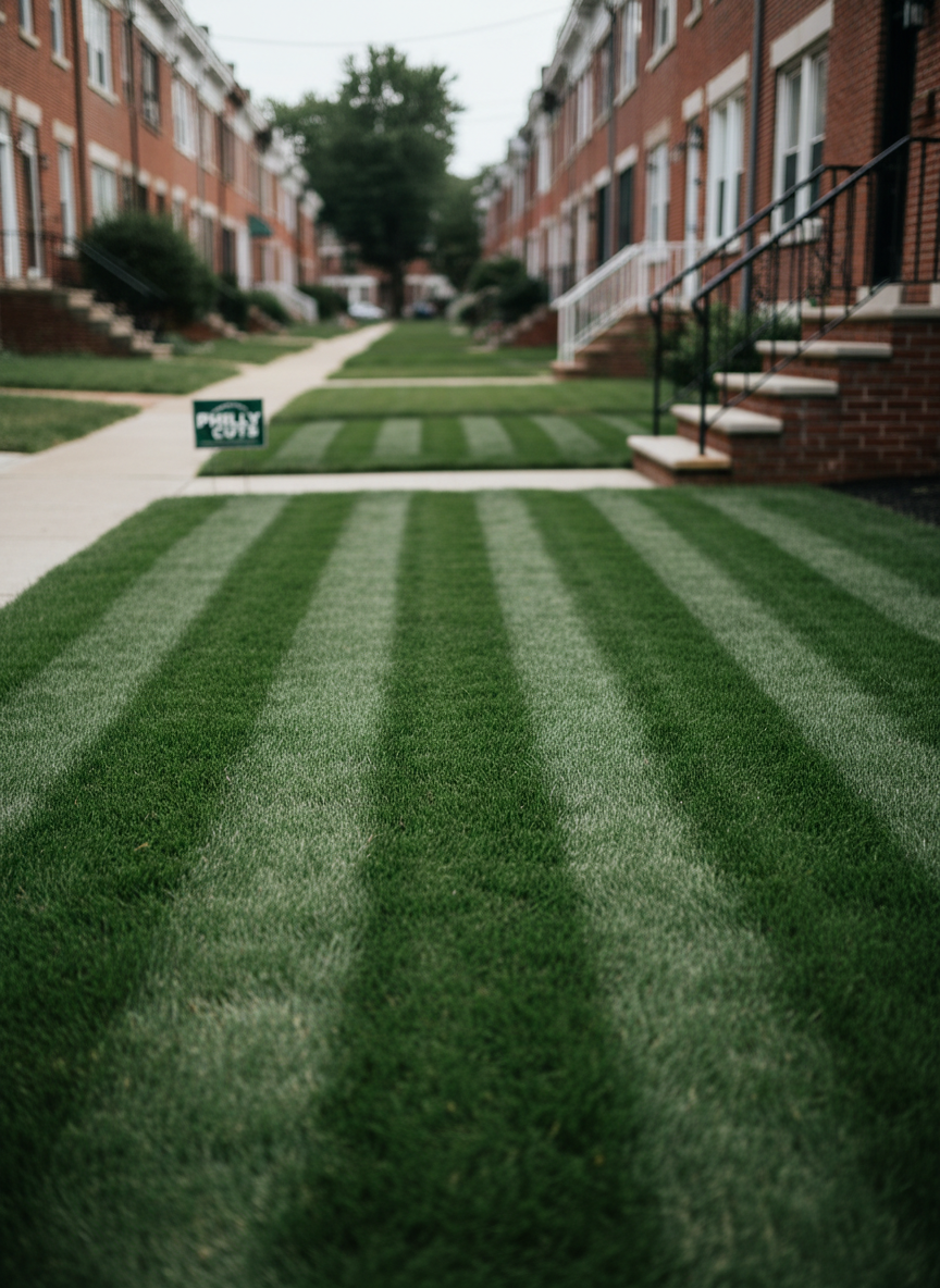 A freshly mowed Philadelphia rowhouse front lawn, the grass a rich, even emerald green with precise, parallel mower lines running the full length of the yard. Neatly trimmed edges meet a clean concrete sidewalk and classic red-brick stoop. In the background, slightly out of focus, similar narrow front lawns create a tidy, uniform streetscape. Soft late-morning natural light from an overcast sky produces gentle, shadow-free illumination, emphasizing the smooth texture of the cut grass and crisp borders. Photographed at eye level with a subtle wide-angle lens, the composition uses the rule of thirds, conveying speed, professionalism, and reliability in a clean, photographic realism style suited for a modern lawn care business homepage.