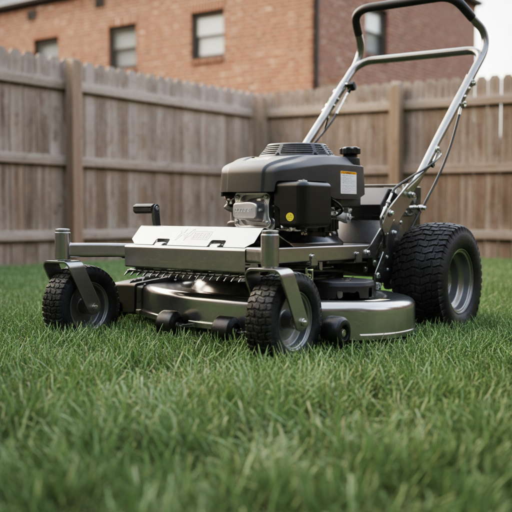 A close-up, photographic realism shot of a professional-grade lawn mower parked on a neatly cut Philadelphia backyard lawn. The steel deck is spotless, the sharp blades barely visible beneath, and the black rubber wheels press lightly into the trimmed grass, leaving crisp, even impressions. Short, uniform grass blades stand upright, with faint clippings gathered in a clean, mulched pattern. The setting includes a blurred wooden fence and a hint of a brick rowhome in the distance. Soft, diffused afternoon light enhances metal reflections and subtle textures on the mower. Captured from a low angle with shallow depth of field, the mower dominates the foreground, creating a focused, efficient, and professional mood tailored to fast, clean lawn care services.