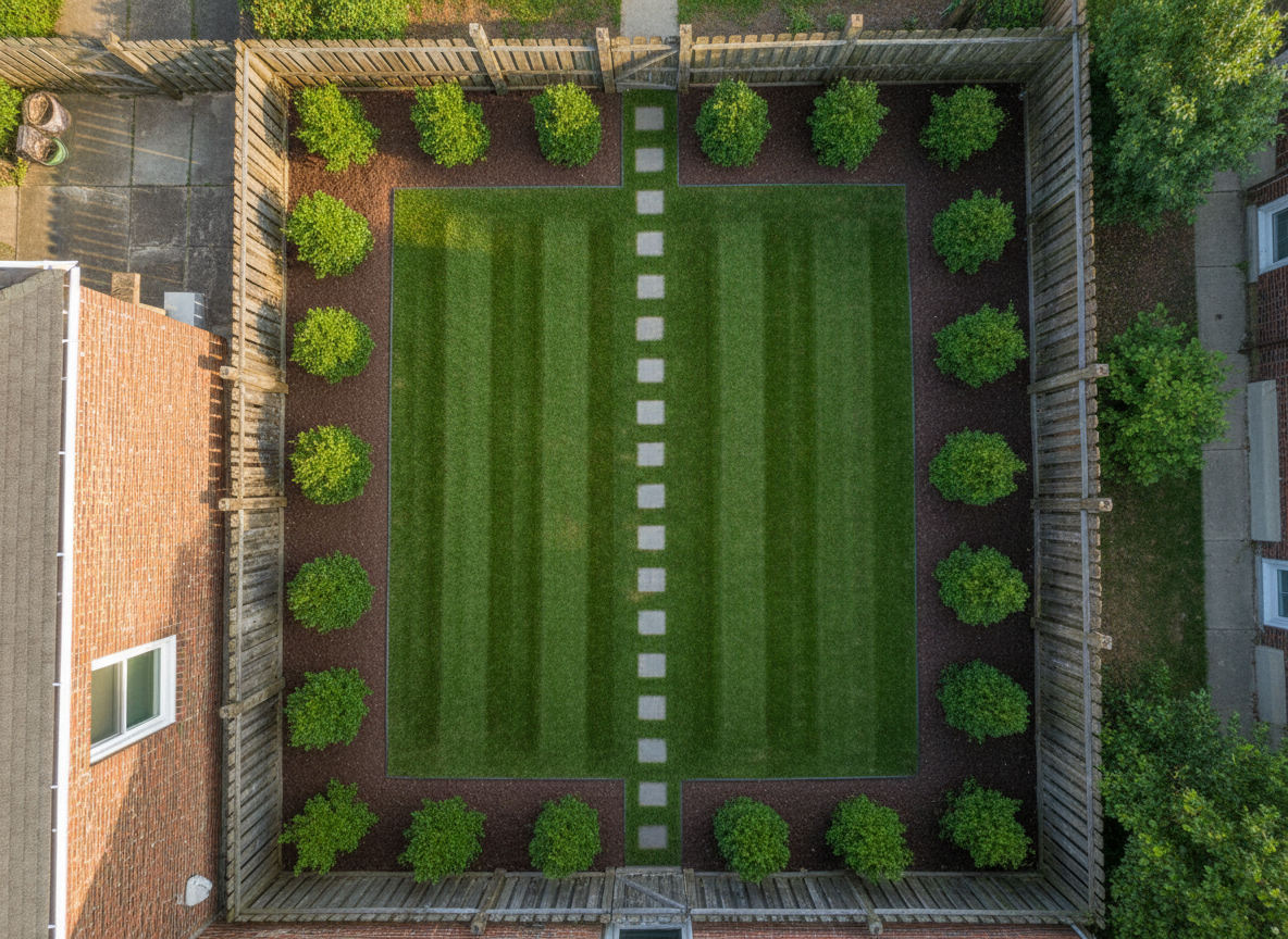 An aerial, bird’s-eye photographic realism view of a compact Philadelphia backyard lawn perfectly divided into cleanly mowed sections. Dark and light green stripes alternate in precise, straight patterns, framed by sharp-edged mulch beds, symmetrical shrub lines, and a simple stone pathway. The small urban yard is surrounded by brick walls and wooden fences, conveying a typical Philly rowhome outdoor space transformed into a pristine green rectangle. Late afternoon sun casts soft, elongated shadows from shrubs and fences, highlighting the geometric patterns in the grass. The composition emphasizes symmetry and order, with sharp focus across the entire scene, creating a professional, organized, and efficient atmosphere ideal for showcasing premium lawn care results in limited city spaces.